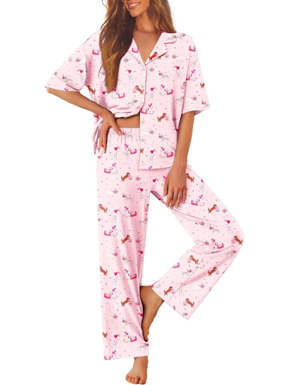 Women Balloon Puppy Notch Lapel Short Sleeve Shirt Sleepwear w/ Long Pajamas Set